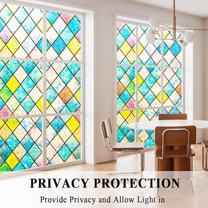 Colorful Stained Glass Window Film, Rainbow Door Privacy Films Static Cling Window Tint Decorative Window Decal Heat Cotrol Anti UV for Home and Office,17.5x78.7 in.