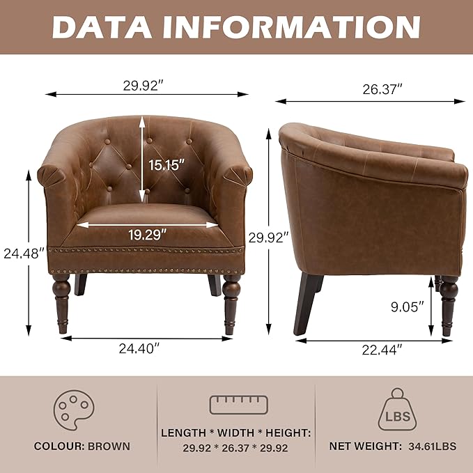 UIXE PU Leather Barrel Club Chairs Set of 2, Modern Arm Accnet Chair Comfy Upholstered Armchair, Nailhead Trim Living Room Single Sofa Reading Seat Bedroom Side Sitting for Office, Brown