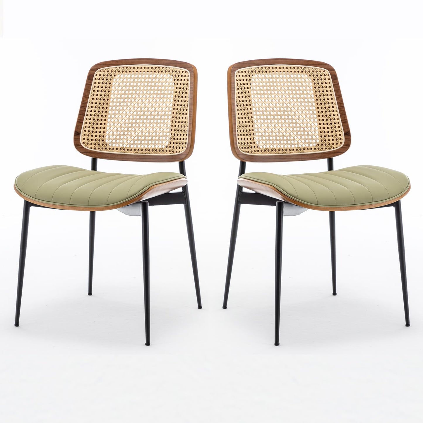 LUNLING Dining Chairs Set of 2 Mid Century Modern Retro Faux Leather Kitchen Chairs with Walnut Bentwood Upholstered Seat Metal Legs Adjustable Foot for Kitchen Dining Room Chairs(LightGreen)