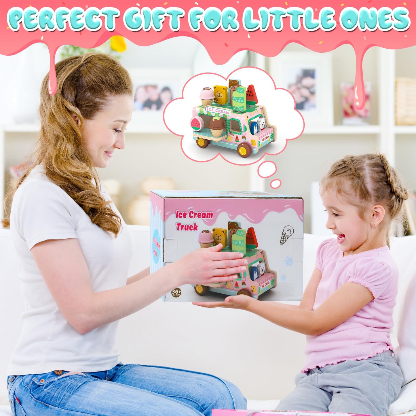 XIAPIA Ice Cream Toys for Girls, Wooden Ice Cream Cart, Pretend Play Toys for 1 2 3 Year Old, Play Food Truck Store for Toddlers 1-3, Boys Ice Lolly Shop Playset, Birthday Gifts for Baby 12-18 Month