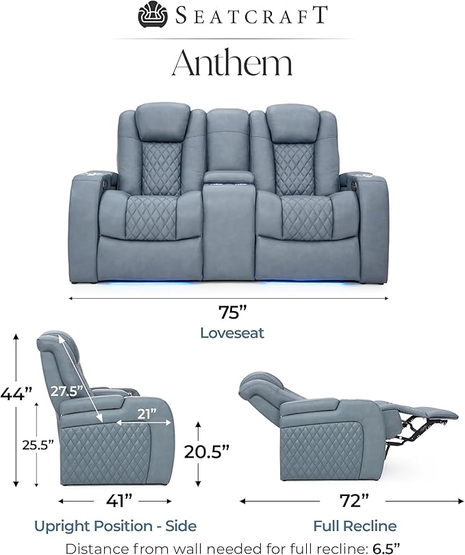 Seatcraft Anthem Italian Leather Loveseat w/Storage Console, Living Room, Power Headrest, Power Recline, Smokey Blue