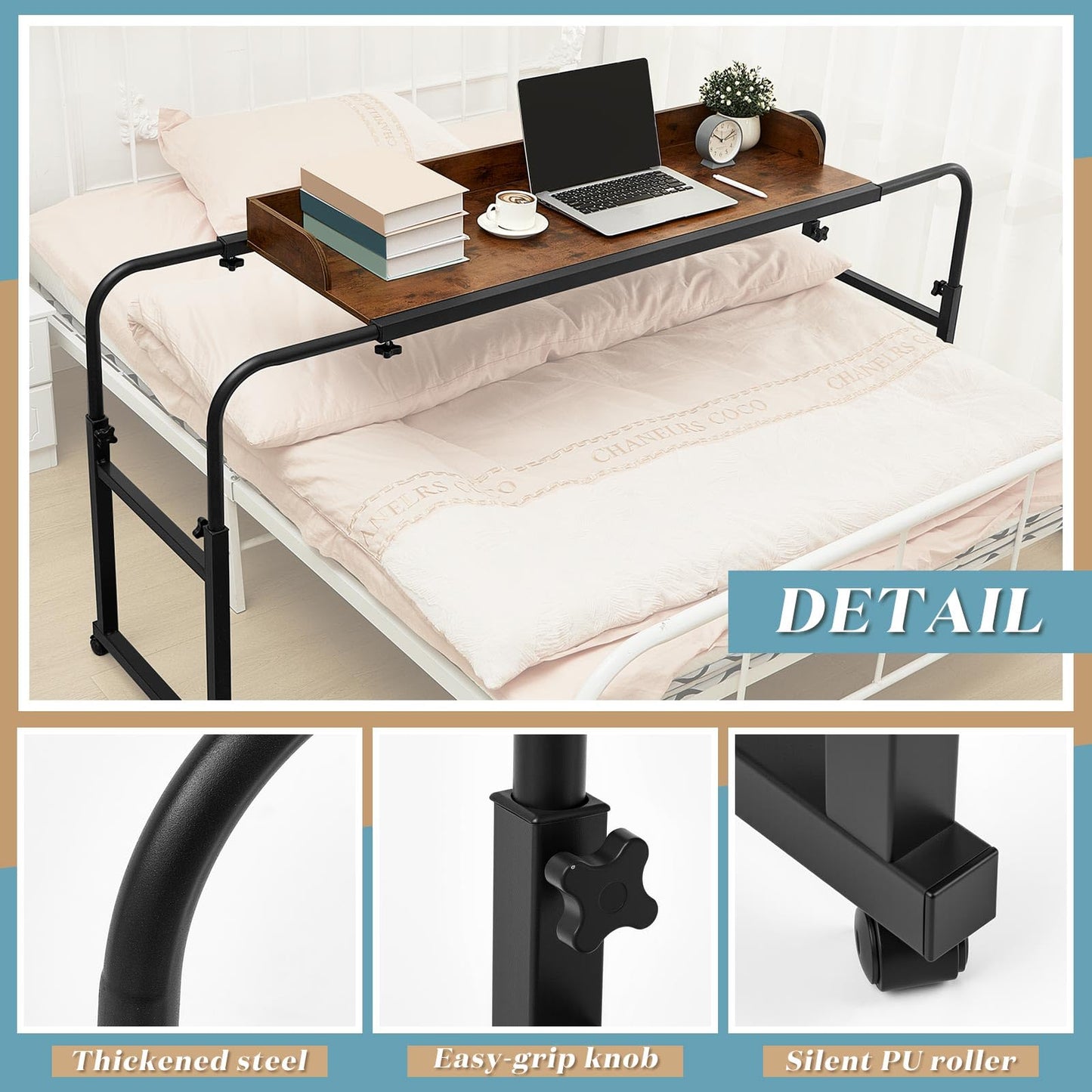 Leinuosen Overbed Table with Wheels Bed Desk Laptop Recliner Table Adjustable Height 55.1-82.7x25.6 x18.1 inches Overbed Laptop Desk for Hospital and Home use