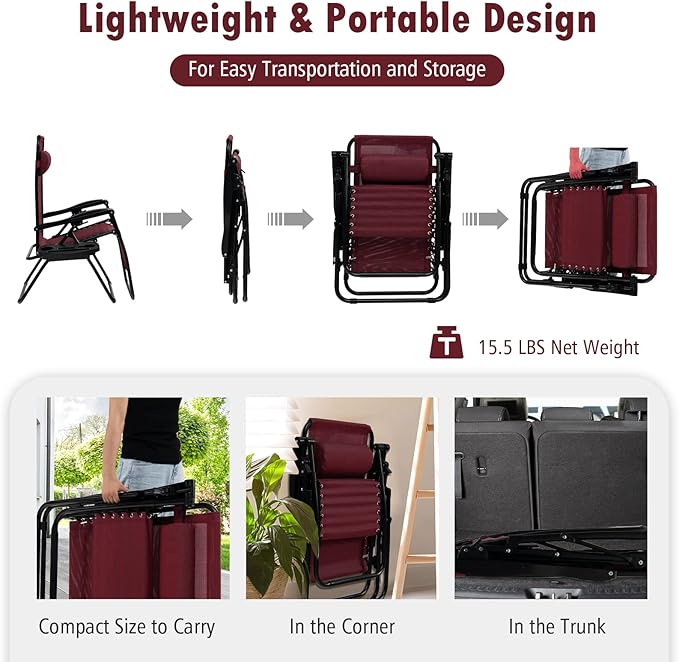 Tangkula Zero Gravity Chair, Folding Patio Lounge Chair Adjustable Outdoor Recliner with Cup Holder, Wide Armrest for Patio Garden Poolside Outdoor Yard Beach, Support 350 lbs (2, Wine)