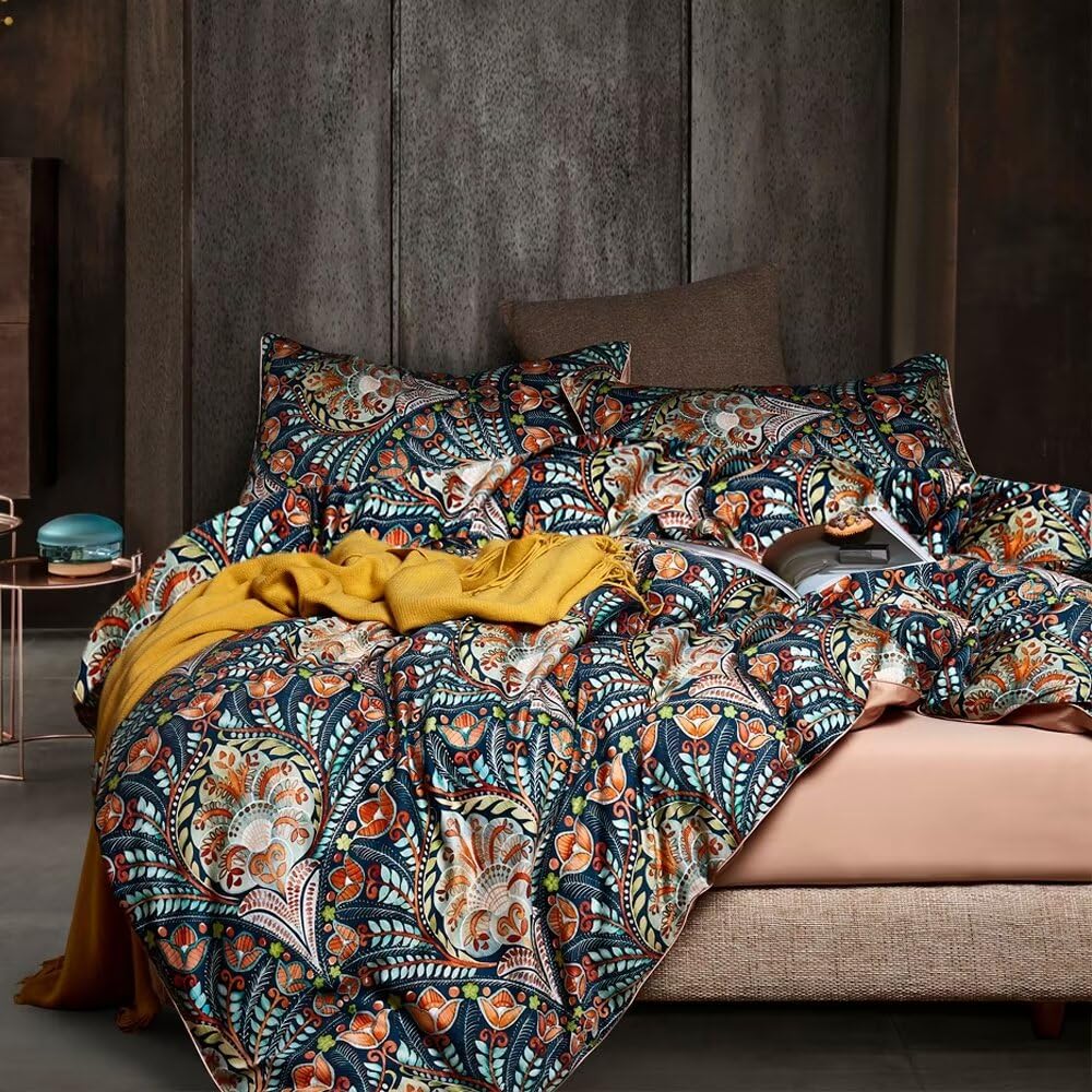 MKXI Blue King Size Comforter Set Pink Paisley Patterned Floral Bedding Comforter Set Boho Bed Quilt Summer Comforter 104"x 90"