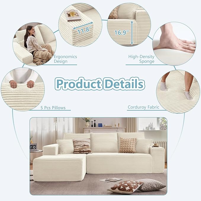 107" W Cloud Sectional Couch with L-Shape Chaise, Modern Corduroy Boneless Couch for Living Room,Memory Foam Sofa with Deep Seat,No Assembly Required (White,Left-Facing Chaise)