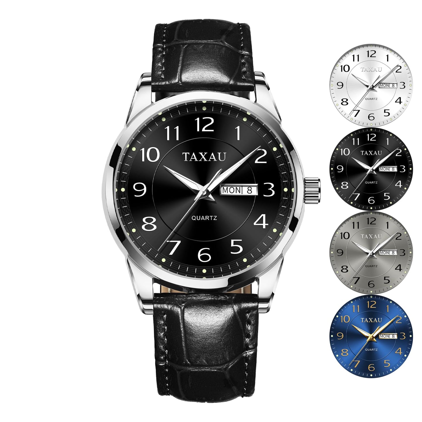 Taxau Men Leather Watch Dress Watches for Men Black Band Waterproof Mens Watch Analog Quartz Men's Wrist Watch with Date Day, Arabic Number, Water Resistant Luminous Large Face