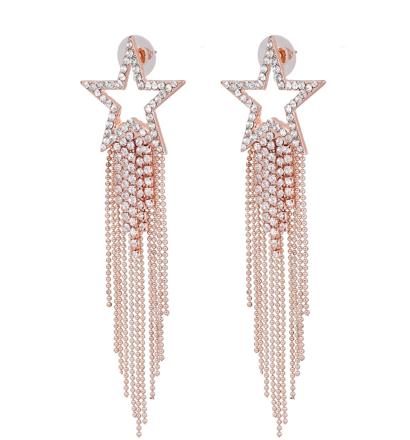 Womens Tassel Earrings Star Ear Stud Pave Crystal Dangle Earrings Boho Waterfall Beaded Fringe Drop Earring (rose)