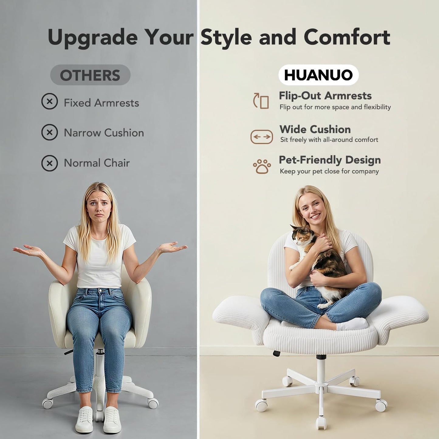 HUANUO Criss Cross Office Chair for Women, Cross Legged Desk Chair with Adjustable Armrests, Soft Corduroy Fabric for Small Spaces, Petite Home Office Computer Chair for Girls, White