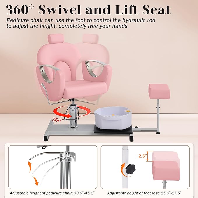 Pedicure Station No Plumbing, Hydraulic Pedicure Chair for Nail Tech, Height Adjustable Reclining Pedicure Station Unit, 360 Degree Swivel Foot Spa Chair with Massage Foot Bath (Rose Color)