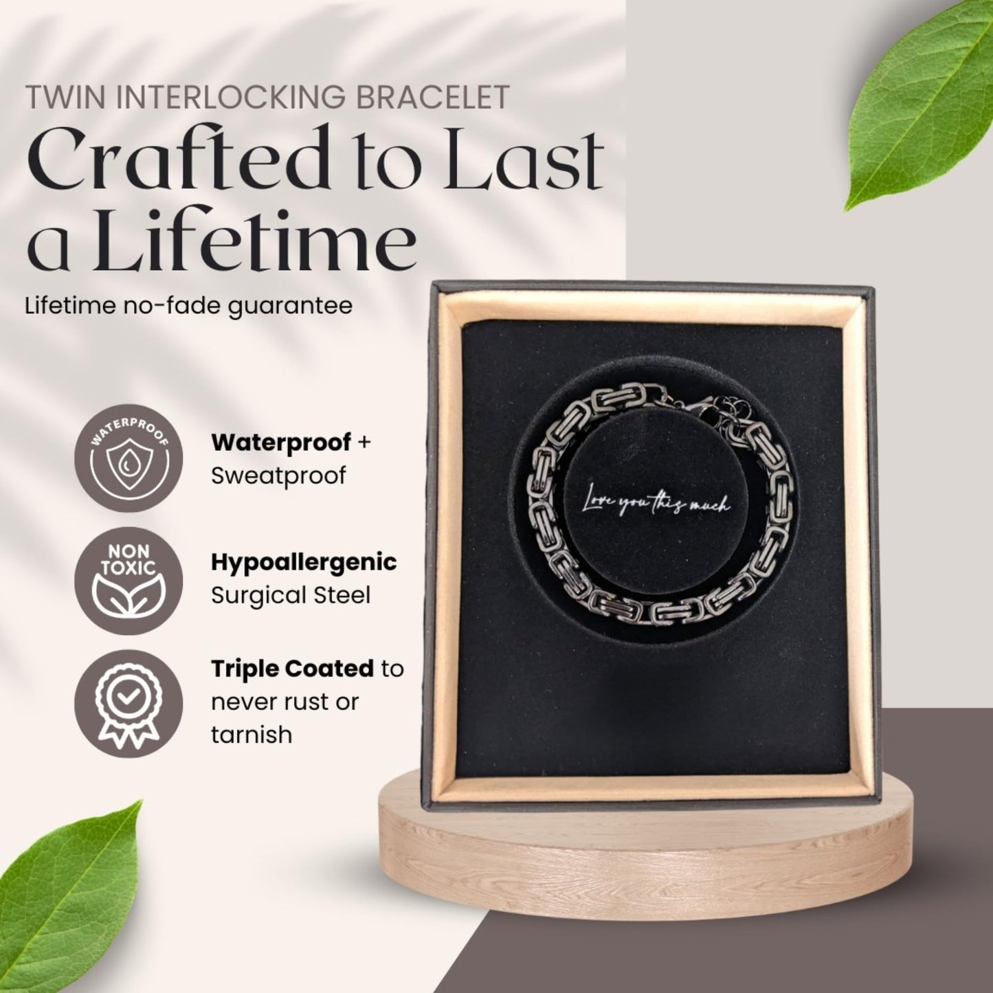 Love You This Much To My Husband Classic Steel Bracelet | Gift for Husband | Best Gift for Hubby Birthday (Twist Link Bracelet, Titan Black Finish)