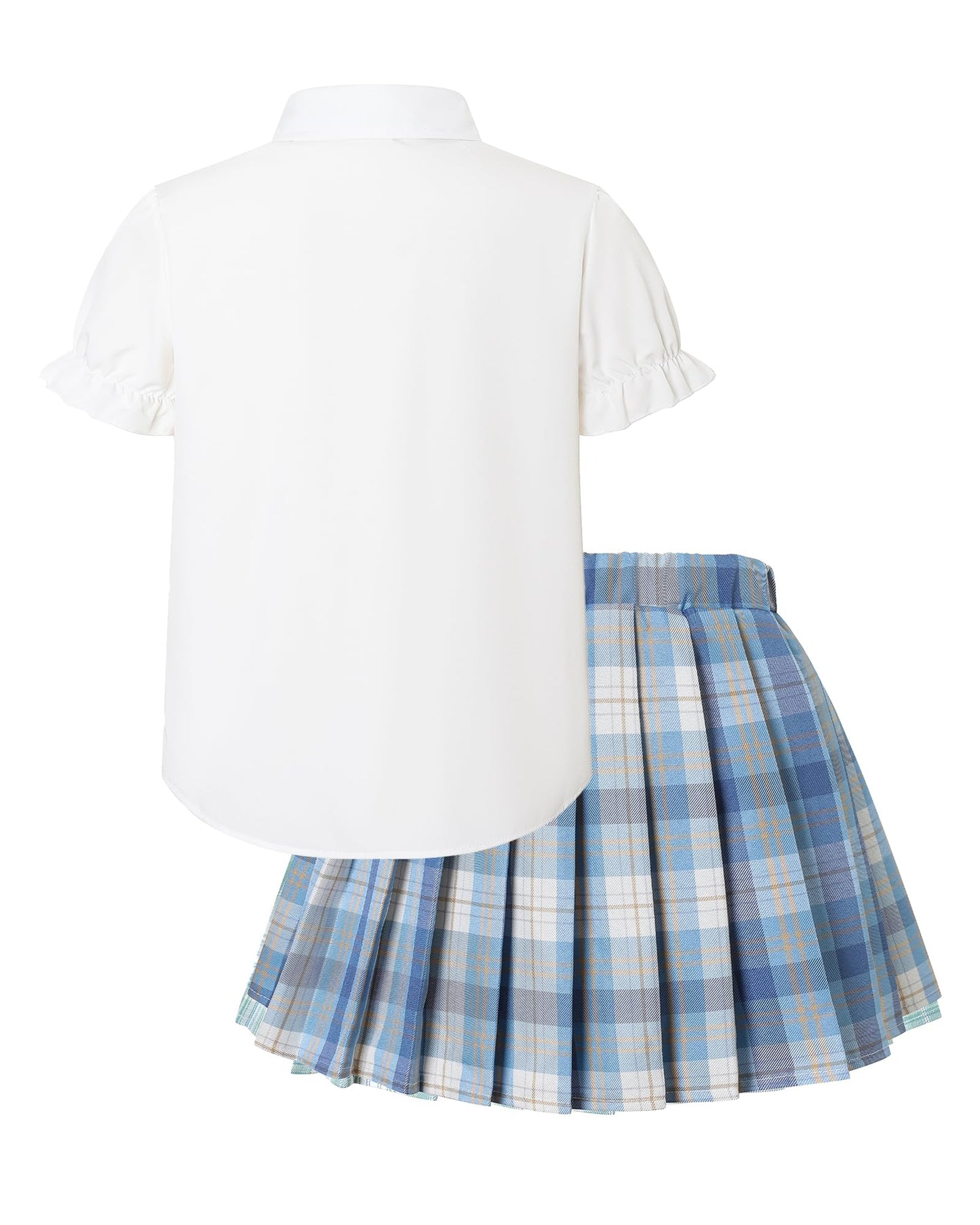 Betusline Girls Skirt Set JK School Uniform 2-Piece Outfit - Short Sleeve Shirt with Bow & Pleated Plaid Skirt, Plaid Blue, 11-12 Years = Tag 160