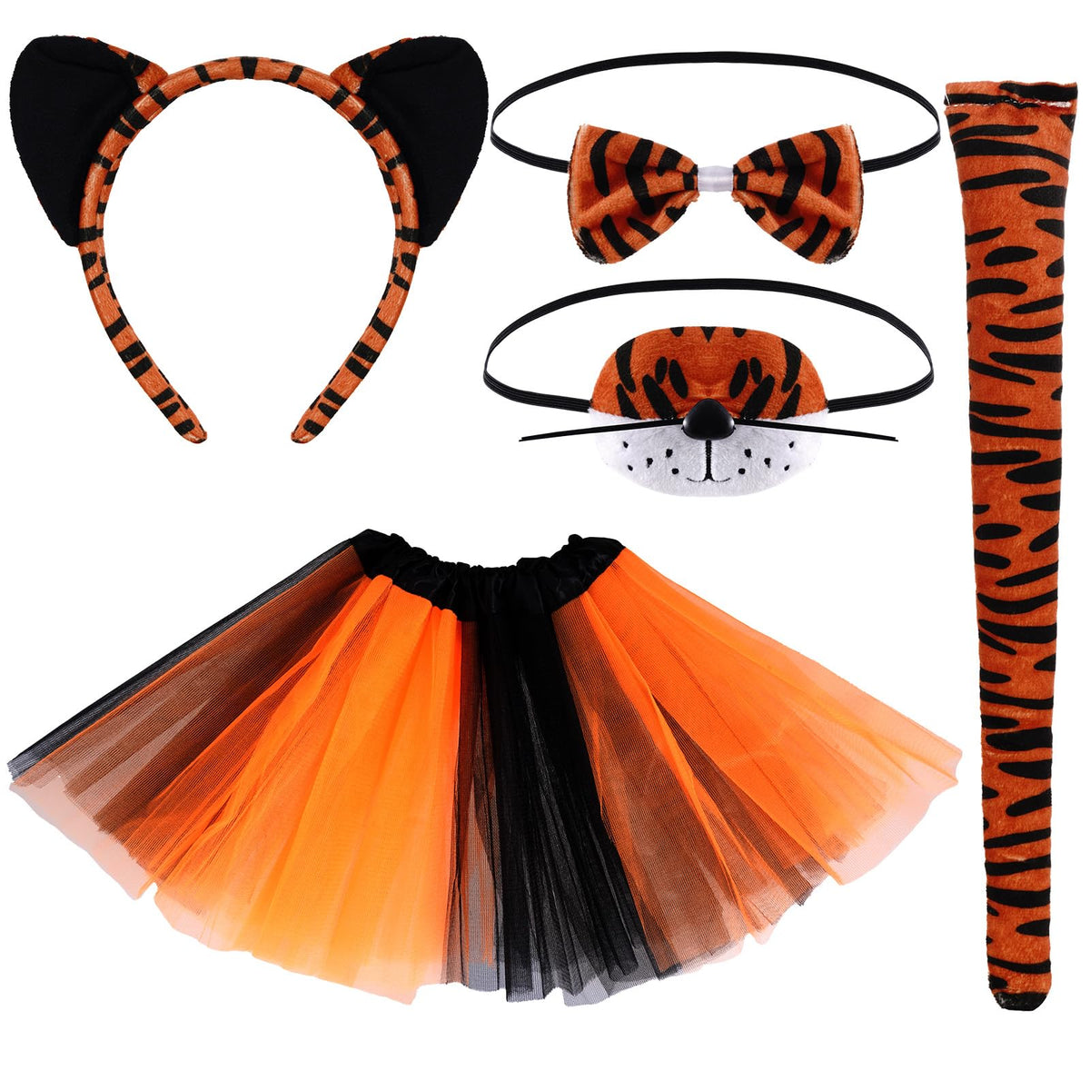 SUMERSHA 5Pcs Tiger Costume Set Tiger Ear Headband Nose Bow Tie Tail Tutu Skirt Animal Fancy Dress up Accessories for Halloween Cosplay Party
