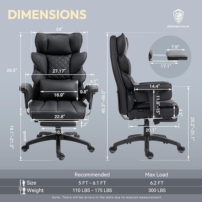 Dowinx Big and Tall Office Chair with Pocket Springs Cushion,High Back Computer Gaming Chairs with Adjustable Armrests,Executive Desk Chairs with Lumbar Support and Footrest,PU Leather-Black