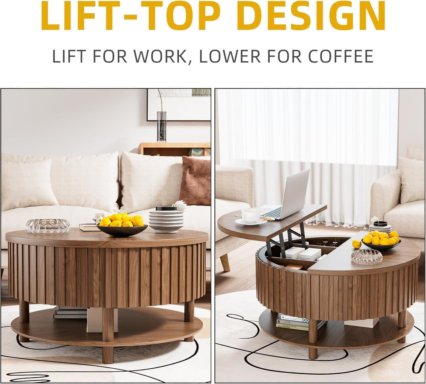 Limaoaio Round Lift Top Coffee Table with Storage, 31.5'' Modern 2-Tier Coffee Table with Hidden Storage Compartment and Open Shelf, Fluted Center Table for Living Room Home Office (Walnut)