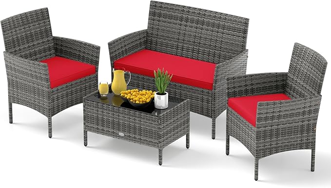 RELAX4LIFE 4-Piece Patio Furniture Set - Rattan Outdoor Conversation Bistro Set w/Cushions, Glass Coffee Table, Wicker Chairs & Loveseat for Garden Backyard Porch, Balcony Furniture (1, Mix Grey-Red)