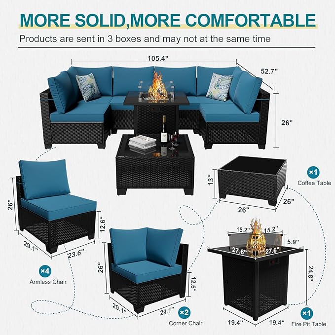 Ophelian 8 Piece Wicker Patio Furniture Set with Fire Pit Table, Rattan Outdoor Sectional Sofa, Patio Couch Set for Backyard, Garden, Deck (Coffee/Peacock Blue)