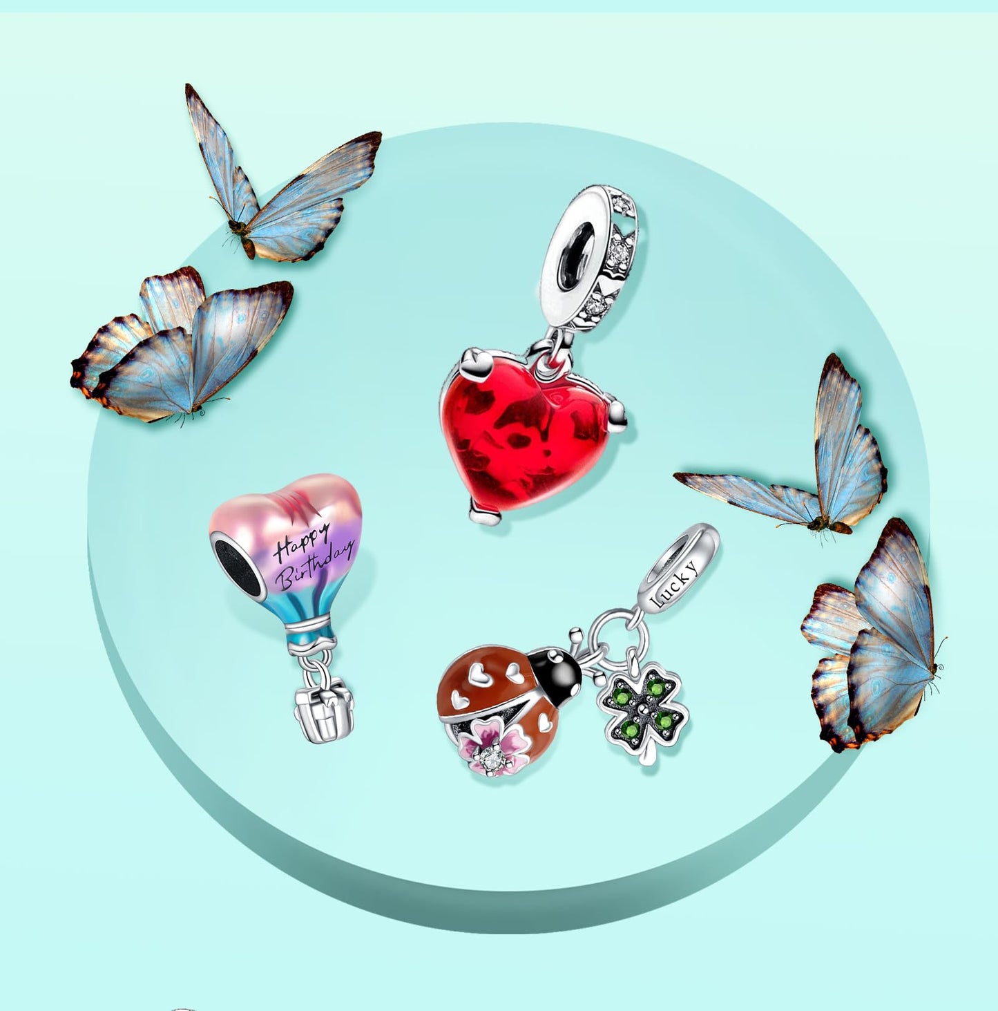 Annmors 925 Sterling Silver Charms fit Bracelets Necklaces Happy Birthday Air Balloon Ladybird Dangle Beads with 5A Cubic Zircon