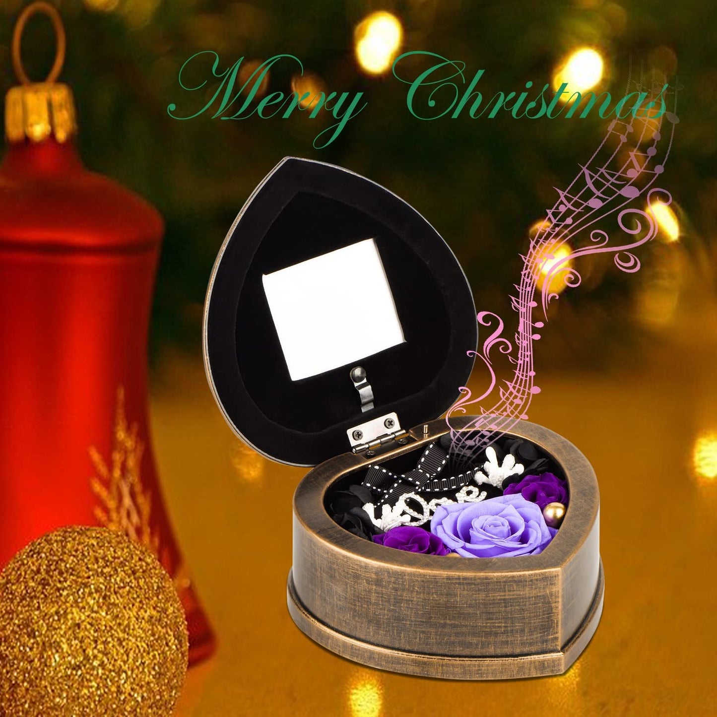 Neaticoo Handmade Preserved Flower Real Purple Rose in Musical Box with Photo Frame, Mother's Day Long Lasting Real Flower Gifts for Her Women Wife on Valentine's Day Birthday or Anniversary -Purple