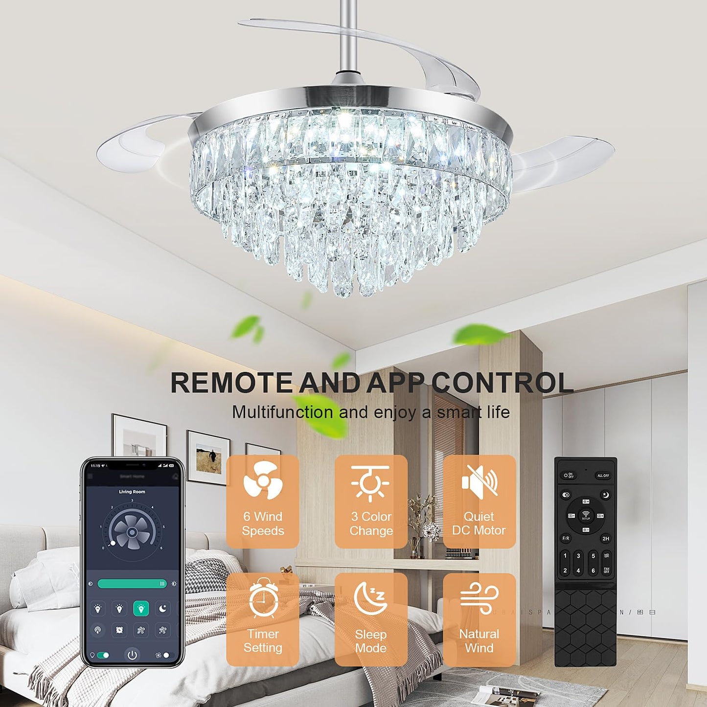 Deliyfans 42'' Chandelier Ceiling Fan with Lights, Retractable Fan with Remote and APP, Crystal Fandelier Ceiling Fan, Dimmable LED, Reversible Motor, Quiet for Bedroom Living Room-Chrome