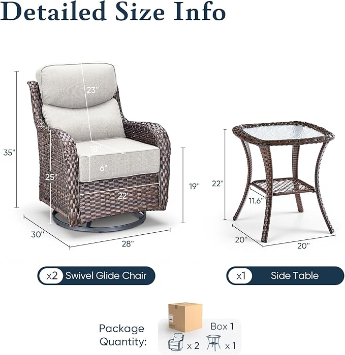 Belord Luxury 6" Thick Cushioned Outdoor Swivel Rocker Patio Chairs with Side Table, High Back Wicker Furniture Set with Ergonomic Zone Back, Conversation Glider Set for Deck Porch - Brown+Beige