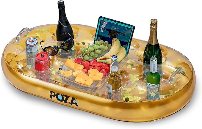 POZA Inflatable Gold Floating Cooler - Luxurious Drink Holder Filled with Sparkly Confetti, Premium Party Float with 8 Hol...