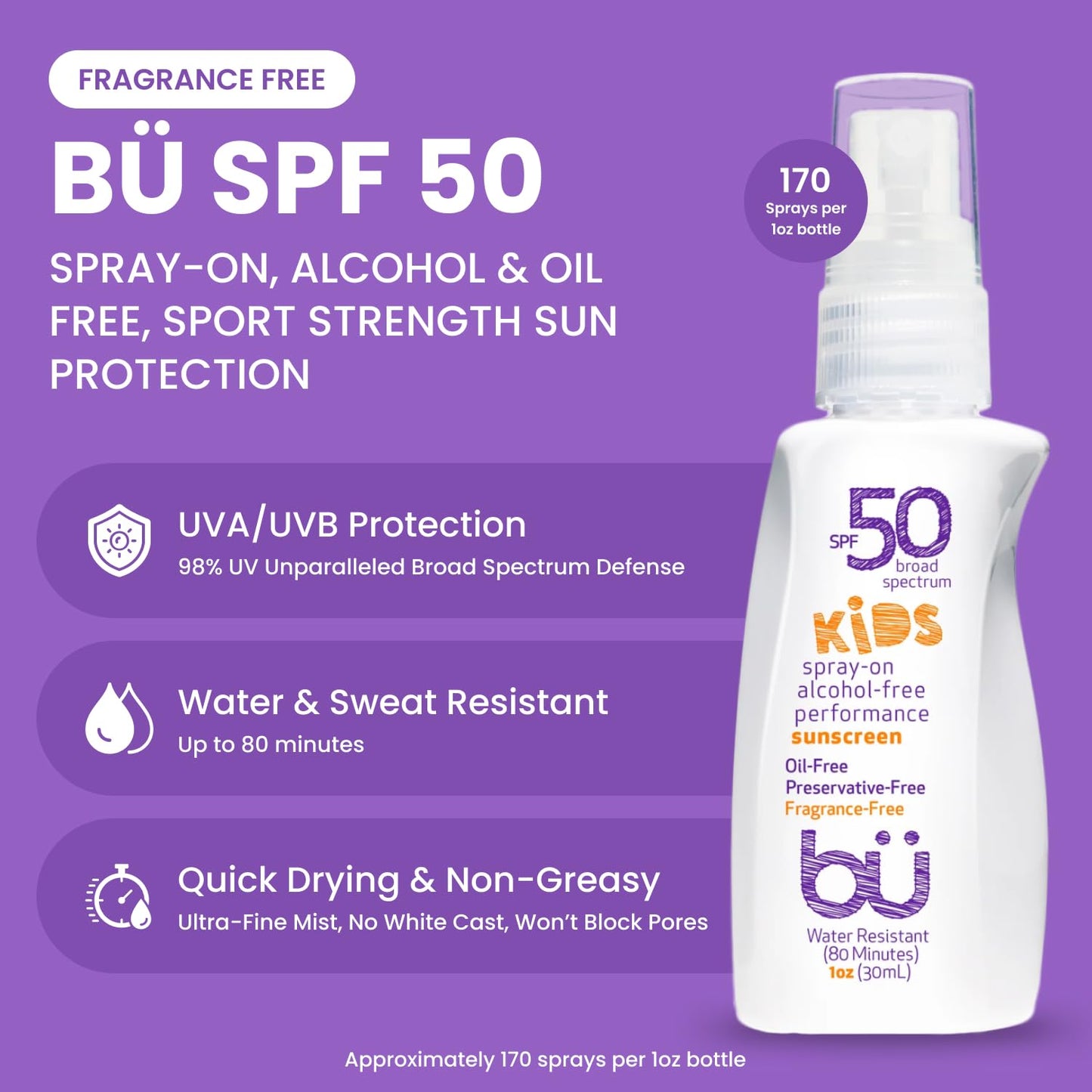 BU SPF 50 Fragrance Free Kids Sunscreen Spray for Face and Body, TSA Travel Size Sunscreen, Clear Non Aeorsol Spray, Non Greasy,