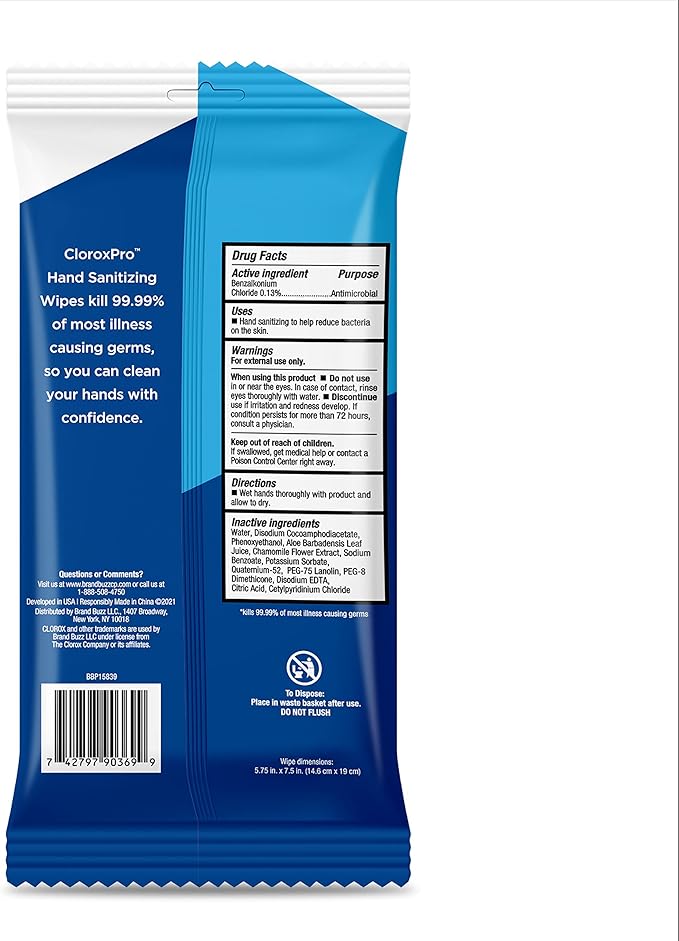 Clorox Pro Alcohol Free Wipes with BZK, 20 Ct Resealable Pouch - Travel Hand Wipes, Pack of 2