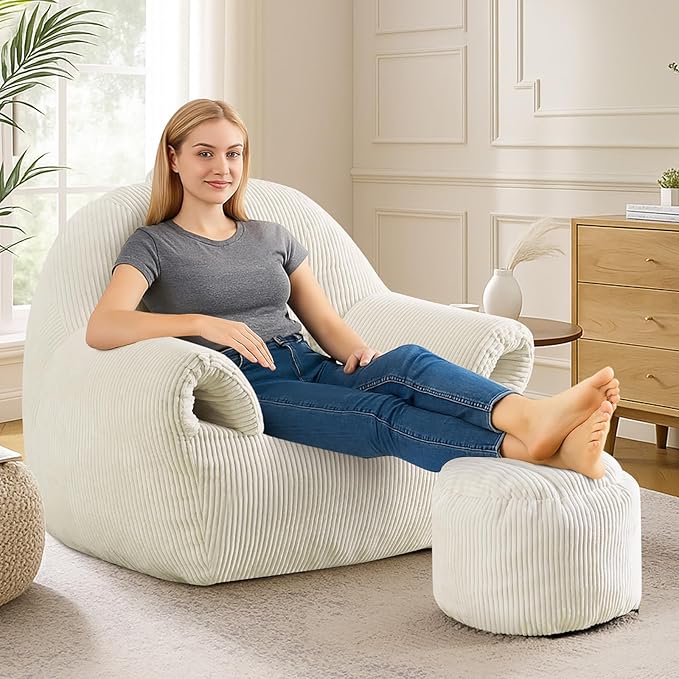 Peace nest Bean Bag Chair with Memory Foam Filled Ultra Soft Corduroy Cover for Adults Comfy Fur Bean Bag Chairs with Armrests Ottoman for Bedroom Living Room Office Dorm Reading Beige
