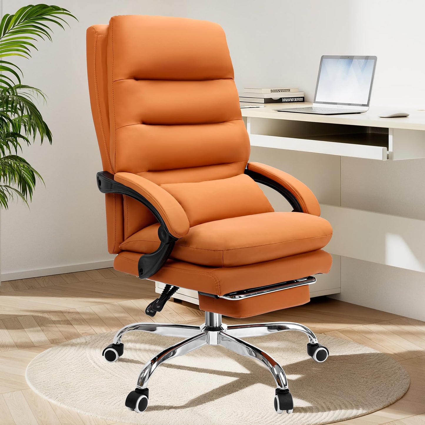 Holiwei Office Chair with Footrest, Big and Tall 400lbs Executive Desk Chair with Thickened Lumbar Support Pillow, High Back PU Leather Reclining Computer Chair, Ergonomic Swivel Task Chair, Brown