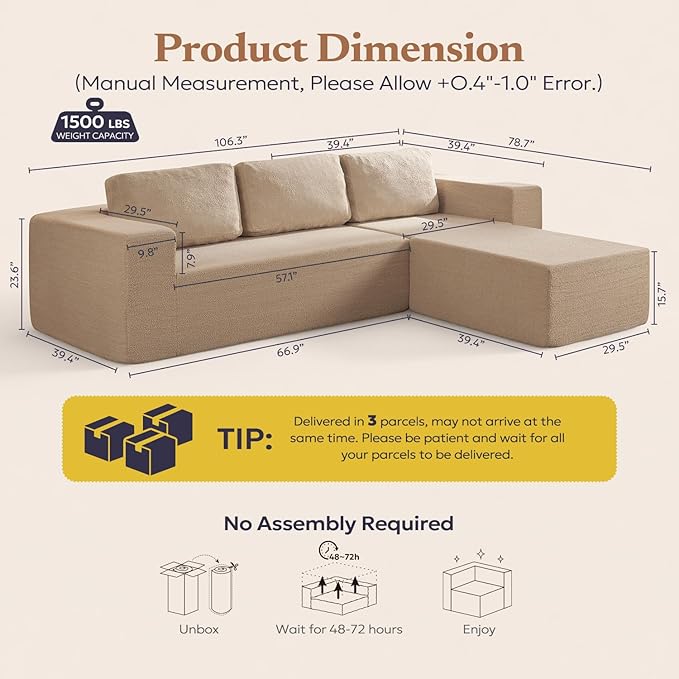 Furnify 106" Modular Sectional Couch Left/Right Facing Convertible, L-Shape Modern Teddy Sofa, Deep Seat Upholstered Foam Couch for Living Room Bedroom, No Assembly Required (Camel, Teddy Boucle)