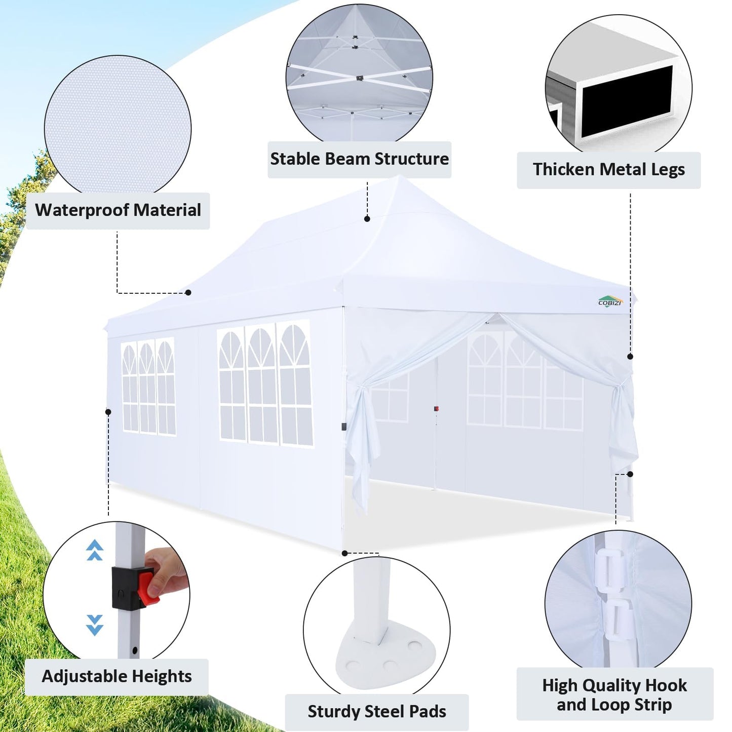 COBIZI 10x20 Pop Up Canopy with 6 Sidewalls, Conical Party Tent 10x20 with 3 Adjustable Height Waterproof, UV-Resistant with Carry Bag, Sandbag, Stake, Ropes for Parties, Commercial (Frame Upgraded)