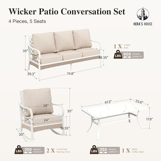 HERA'S HOUSE 4-Piece Patio Furniture Set with Metal & Rattan Design, Includes 2 Rocking Chairs, 3-Seat Sofa & Marble Coffee Table, All-Weather Outdoor Conversation Set for Garden Backyard, Beige