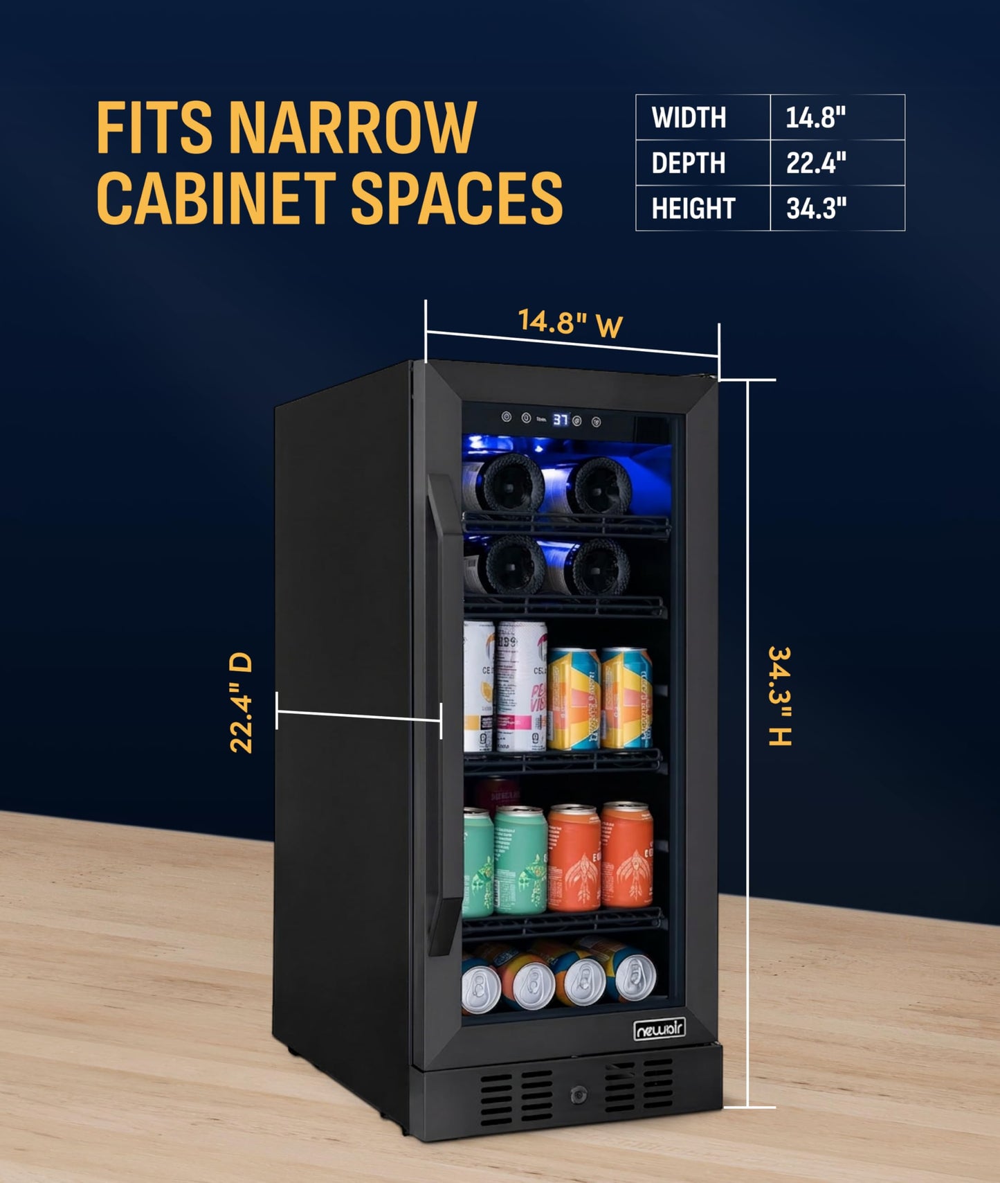 NewAir 15" Single Zone Beverage & Wine Fridge | Beverage & Wine Refrigerator for 33 Bottles / 80 Cans | Freestanding or Built-In Under Counter Mini Fridge for Beer, Wine & Soda | Black Stainless Steel