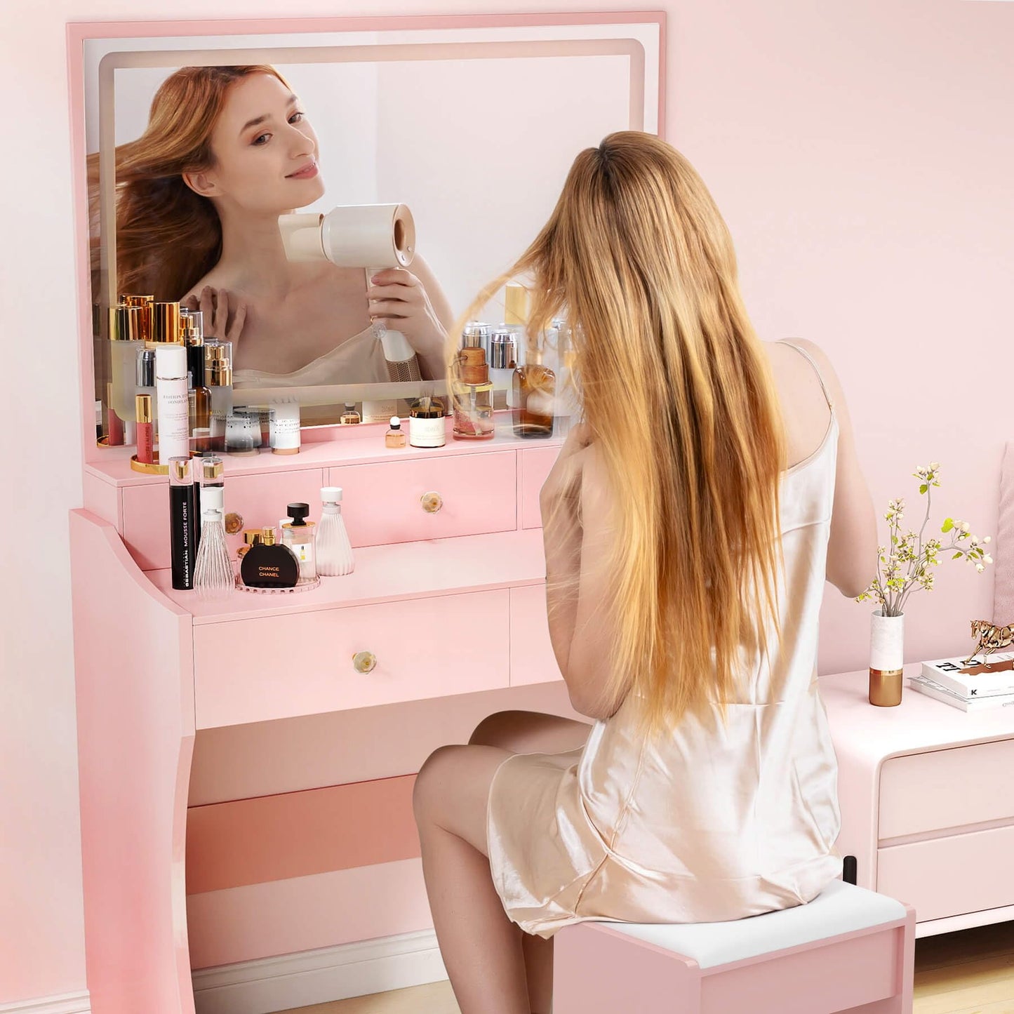 COMHOMA Makeup Vanity Desk with Mirror and Lights, Vanity Table and Chair Set with 5 Drawers and Charging Station, Bedroom Dresser LED Mirror Stepless Dimmable & 3 Color Modes Adjustable, Pink