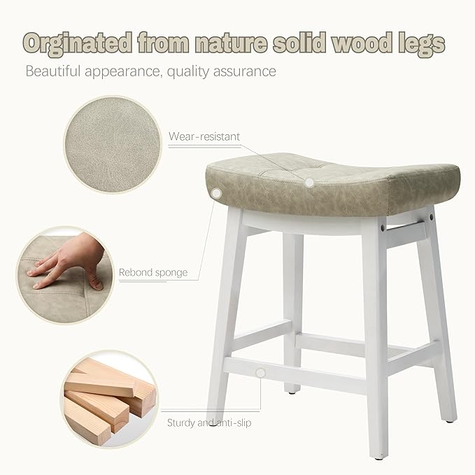 RNKSFX Counter Height Bar Stools Set of 2 for Kitchen Counter Farmhouse Modern Barstools with Faux Leather Upholstered Backless Seat and Solid Wood Legs 24 inch Bar Chairs, Light Grey + White