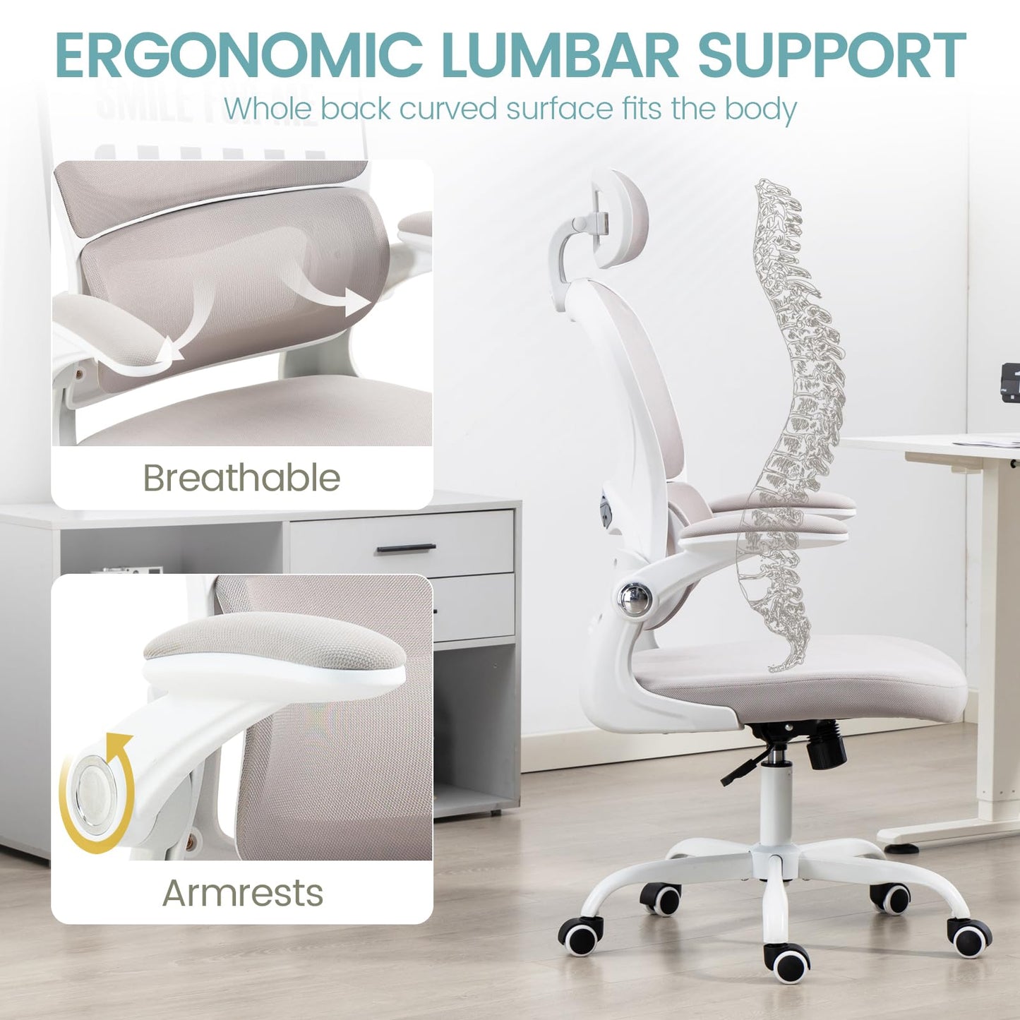 Yilaywain Ergonomic Office Chair, Home Office Desk Chair with Adjustable Headrest, High Back Computer Chair with Armrests and Lumbar Support for Home Office Study Room, Black & Gray (Grey)