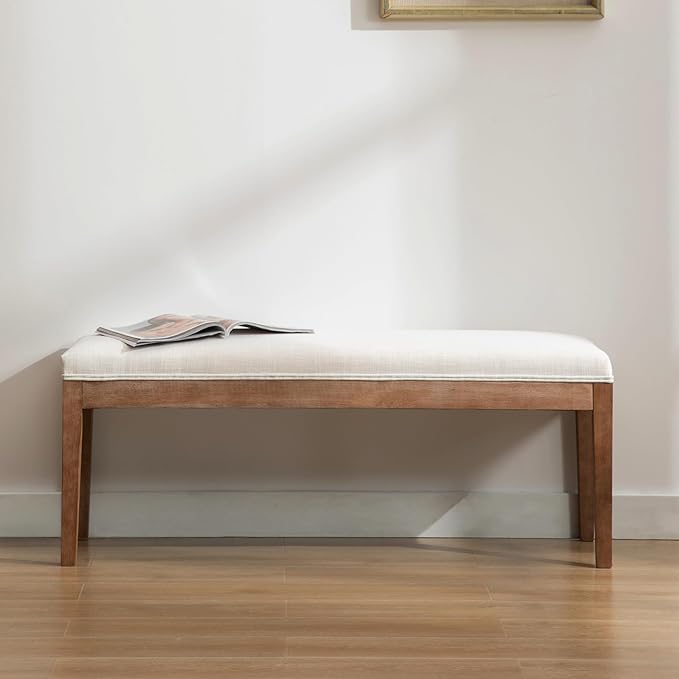 DM Furniture Linen Dining Bench Upholstered Entryway Bench Farmhouse Shoe Bench Seat Ottoman for Hallway Living Room Bedroom End of Bed Dining Room Kitchen, 45.5" Long, Beige