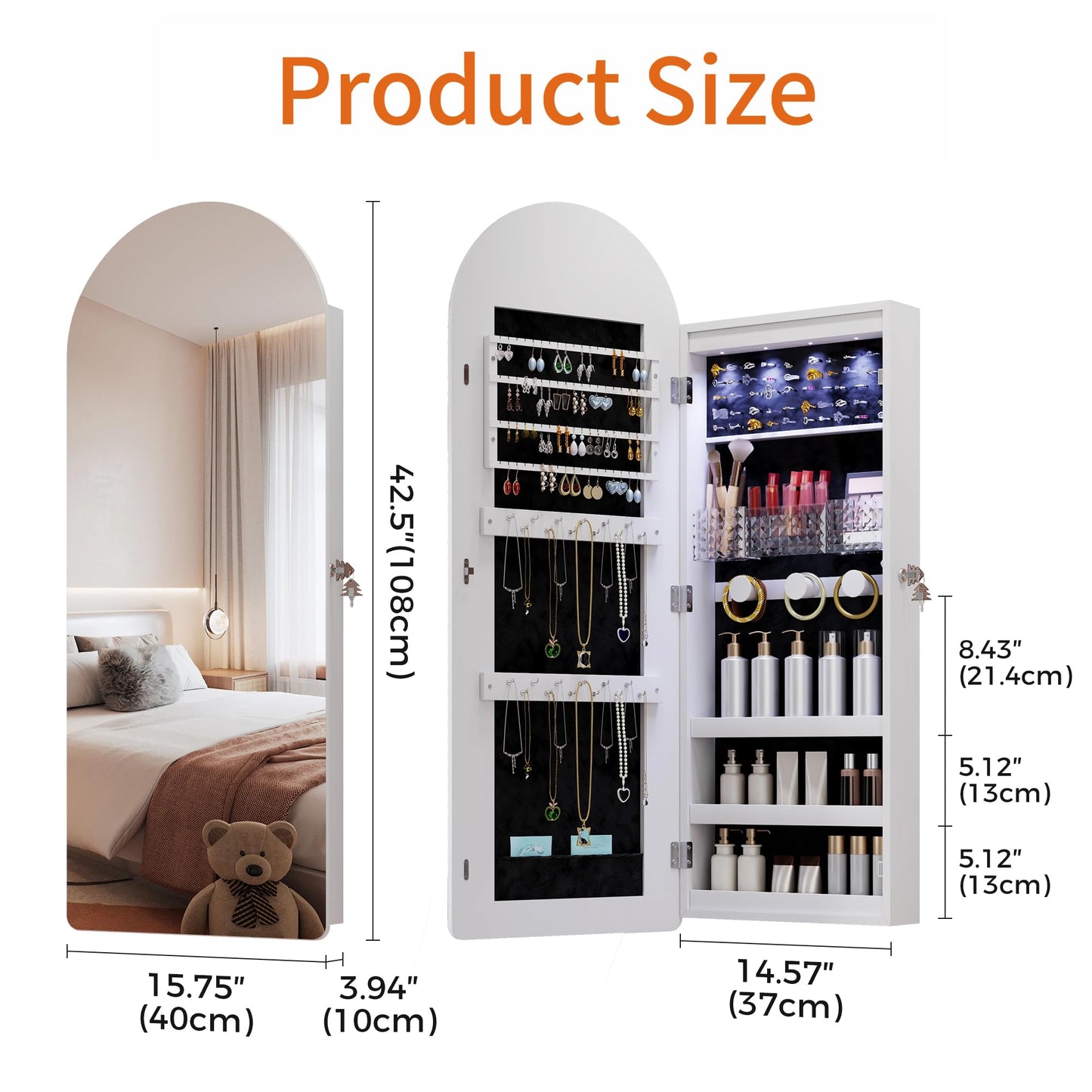 Trygoal 43" Wall Mounted Jewelry Organizer Lockable, Full-Length Mirror with 3 Storage Shelves Makeup Dressing Mirror Armoire with Lights and Jewelry Storage, White