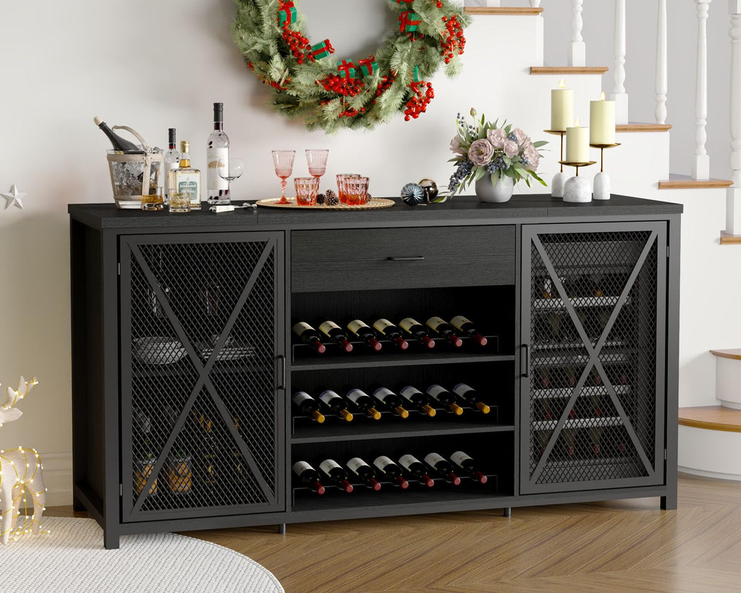 LVB Long Coffee Bar Cabinet with Fridge Space, Modern Wood Metal Large Wine Liquor Cabinet with Rack, Big Wide Sideboard Buffet Cabinet with Drawer Storage for Kitchen Dining Room, Black Oak, 70 Inch