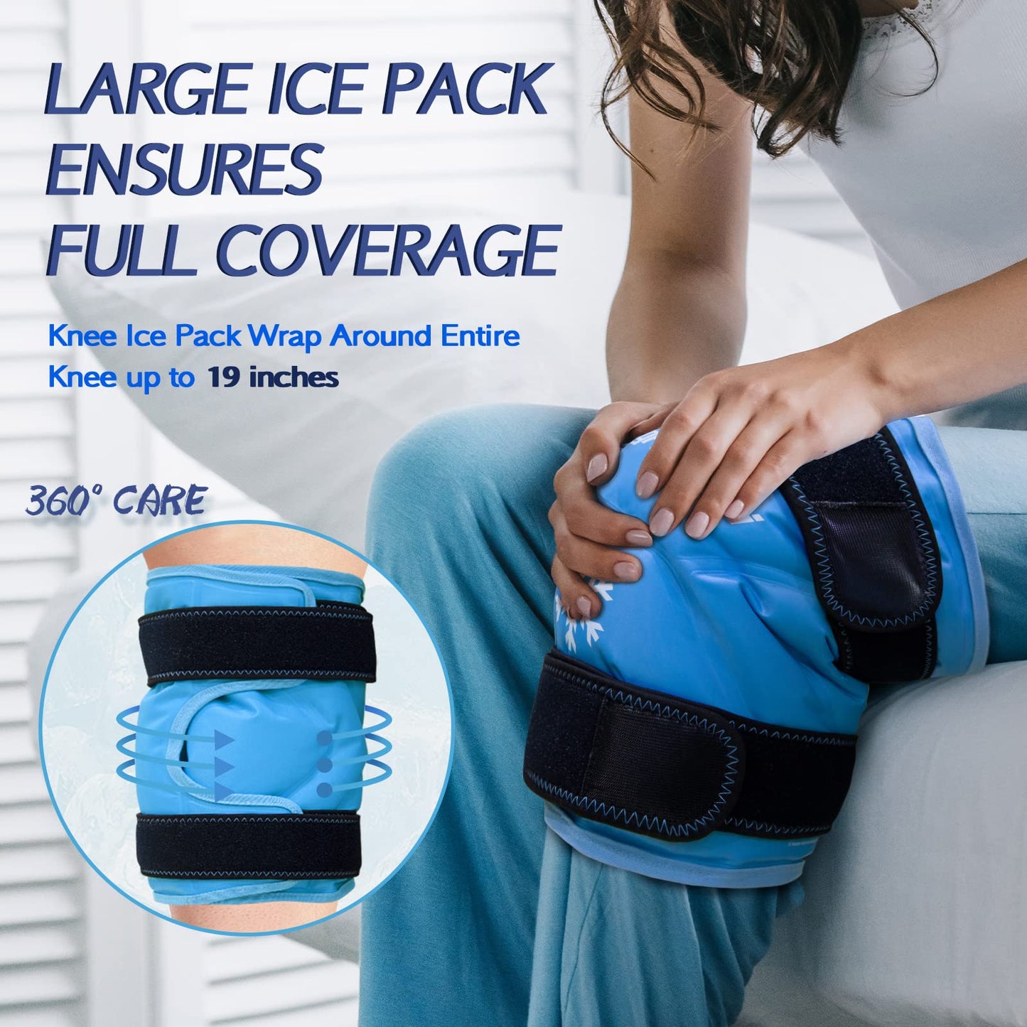 KingPavonini XXL Knee Ice Pack Wrap Around Entire Knee After Surgery, Large Reusable Gel Ice Pack for Injuries, Pain Relief, Swelling, Sports Injuries, 1 Pack (Sky-Blue)