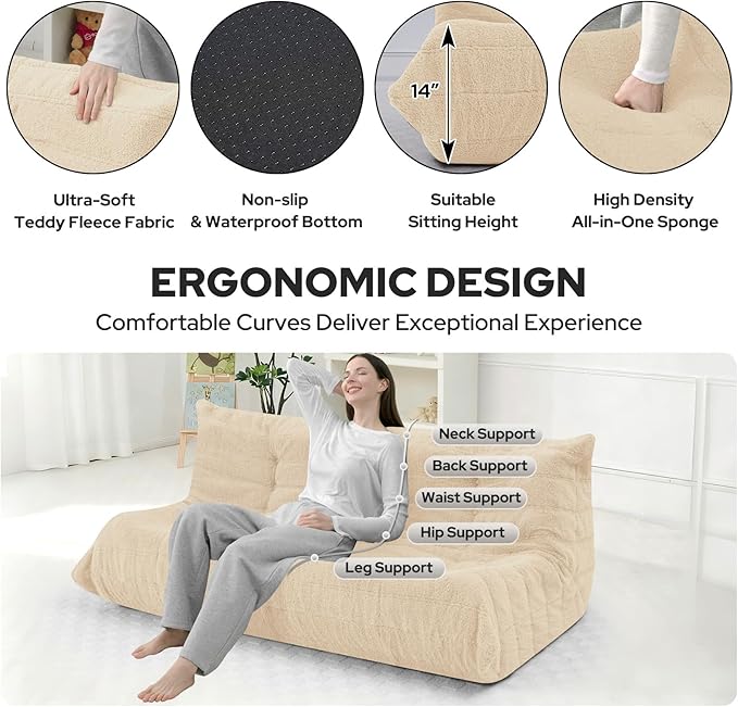 HABUTWAY Bean Bag Chairs Fireside Lazy Floor Sofa, Soft Teddy Fleece 3 Seater Sofa with High-Resilience Foam Filling，Beanbag for Living Room, Bedroom, Office (Khaki Teddy)