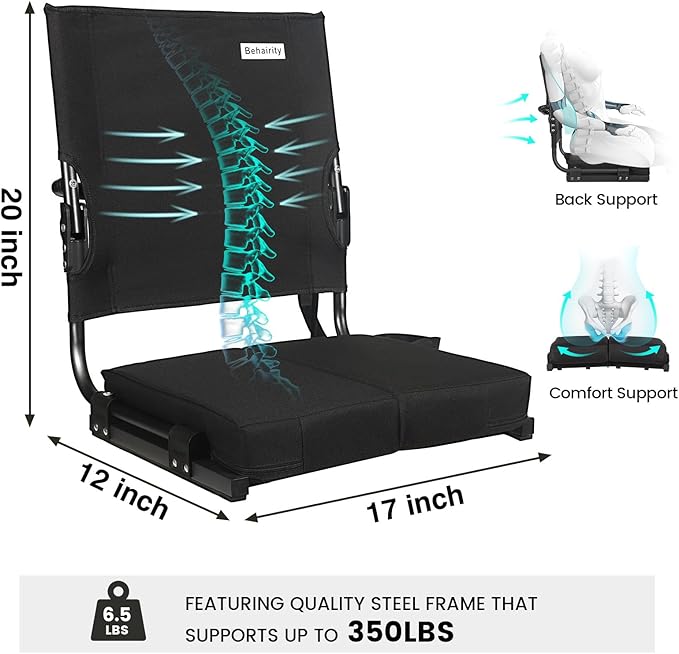 behairity Portable Stadium Seat for Bleachers with Back Support, Wide Padded Bleacher Chair with High Back and Thick Cushion for Adults, Folding Stadium Chair for Football Sports Events (Black)