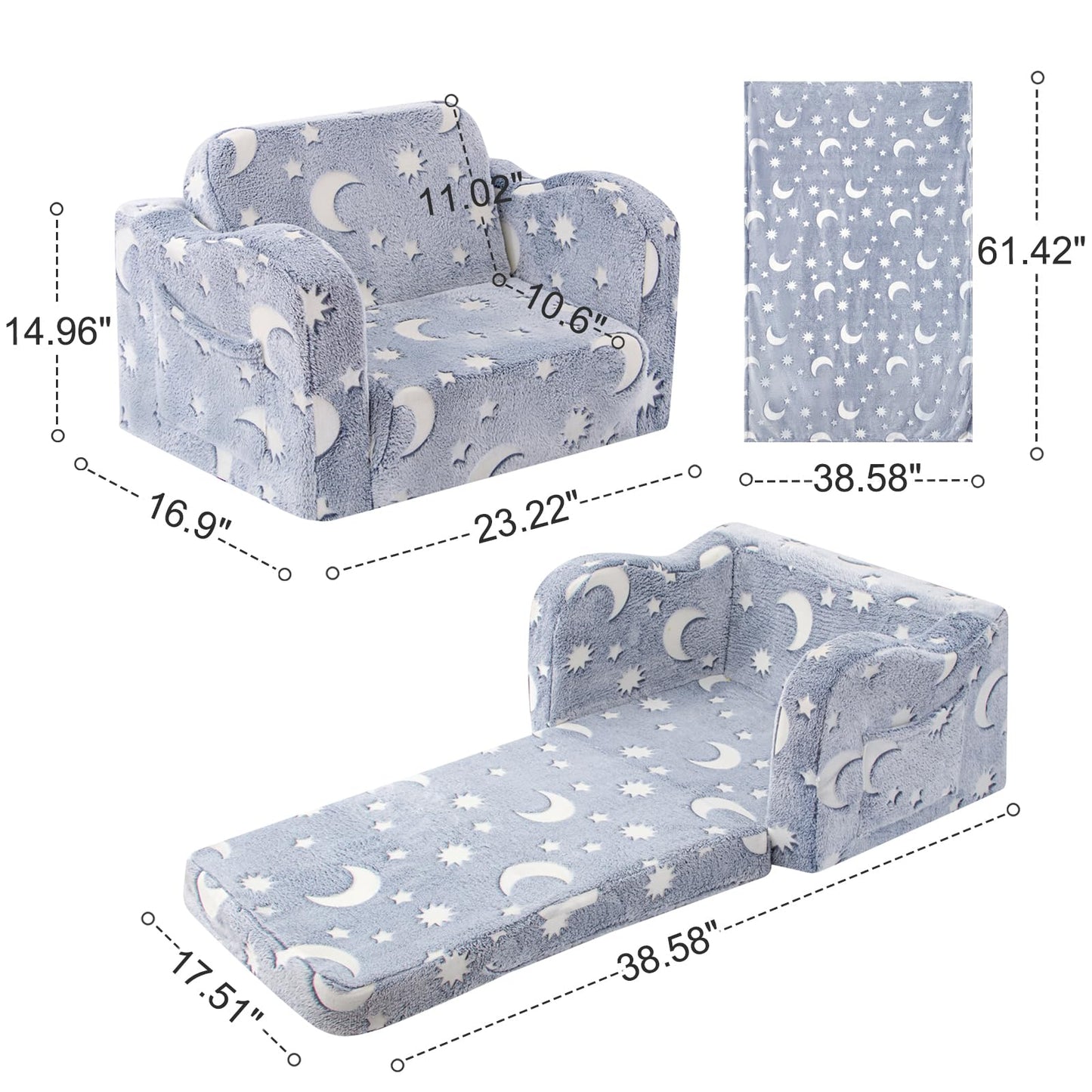 snow mini Kids Toddler Chair, 2-in-1 Toddler Couch Fold Out, Convertible Chairs for Toddlers Comfy Sofa to Lounger with Glow in The Dark Feature, Soft for Girls and Boys