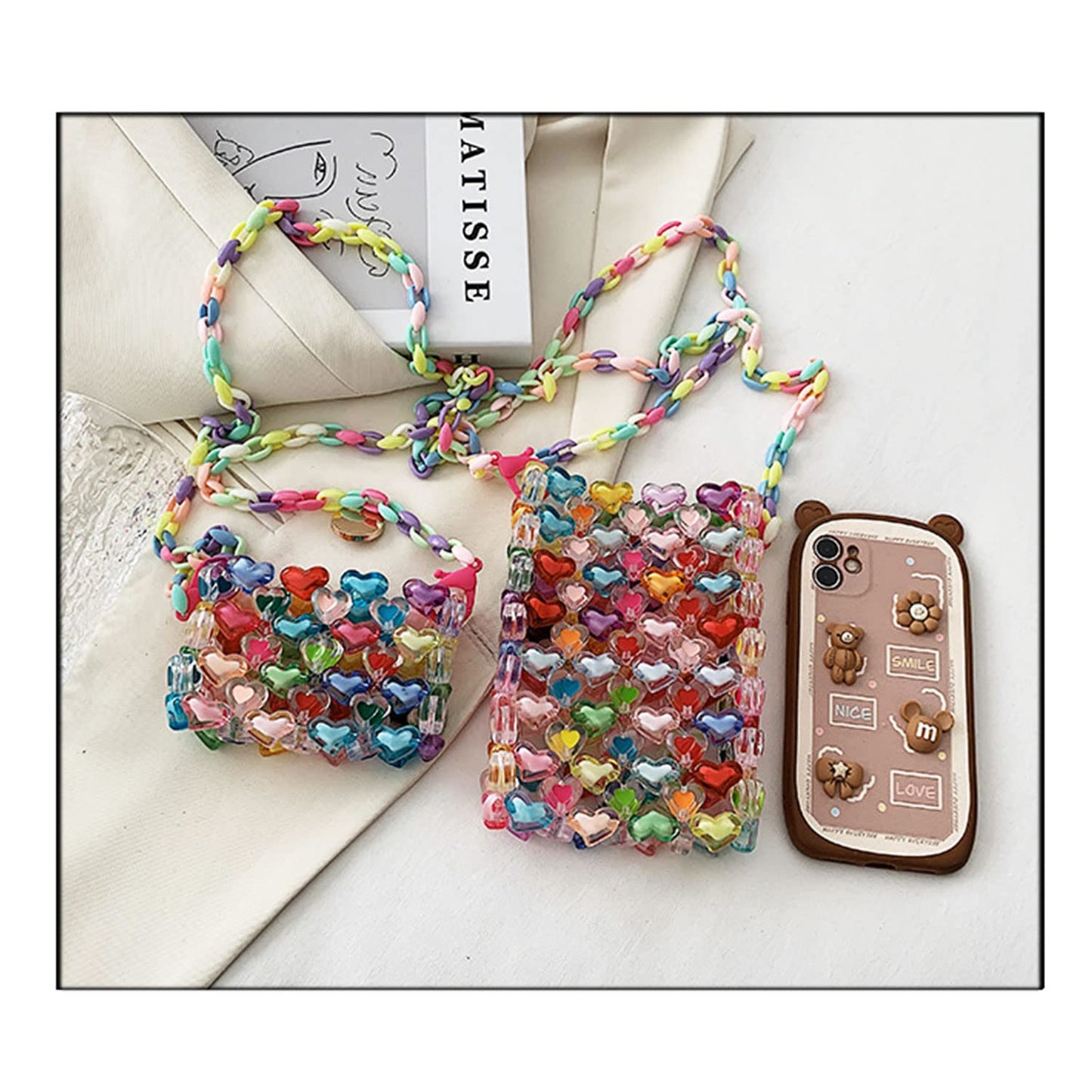 YEZILUU Woman's fashion rainbow bag colorful beads bag red crystal bag hand-woven glitter beads bag (beads big bag)