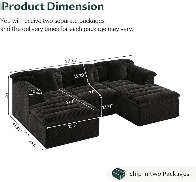 SUNG7 111.8" Modular Sofa with Ottoman, Boneless Cloud Couch with Deep Seat, Comfy U-Shape Corduroy Couches for Living Room, No Assembly Required, Black