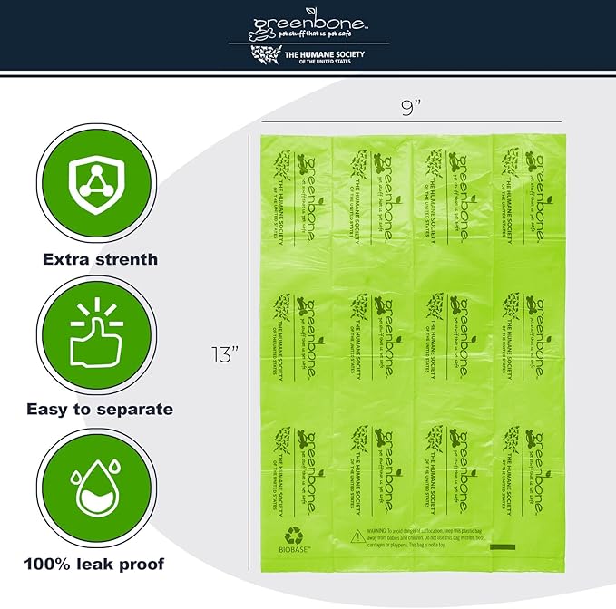The Humane Society by Greenbone Biobase Pet Poop Bags - 8 Rolls - 96 Refills - Made with Corn Starch - Leak Proof 13 Inch x 9 Inch