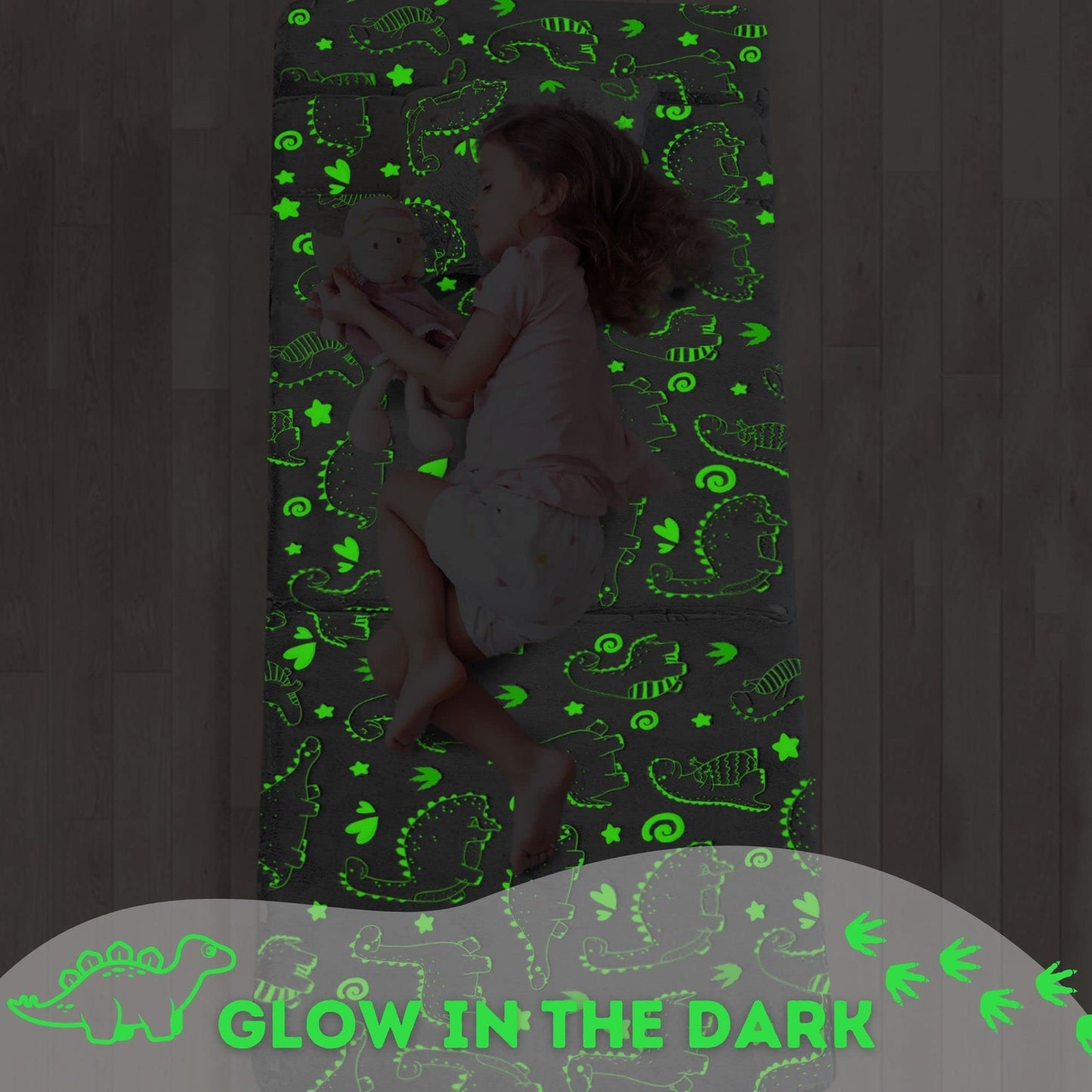 MeMoreCool Kids Floor Mattress Glow in The Dark, Convertible Sofa Couch, Folding Futon Chair Bed Sleeper for Baby Playroom (Glowing Dinosaur)
