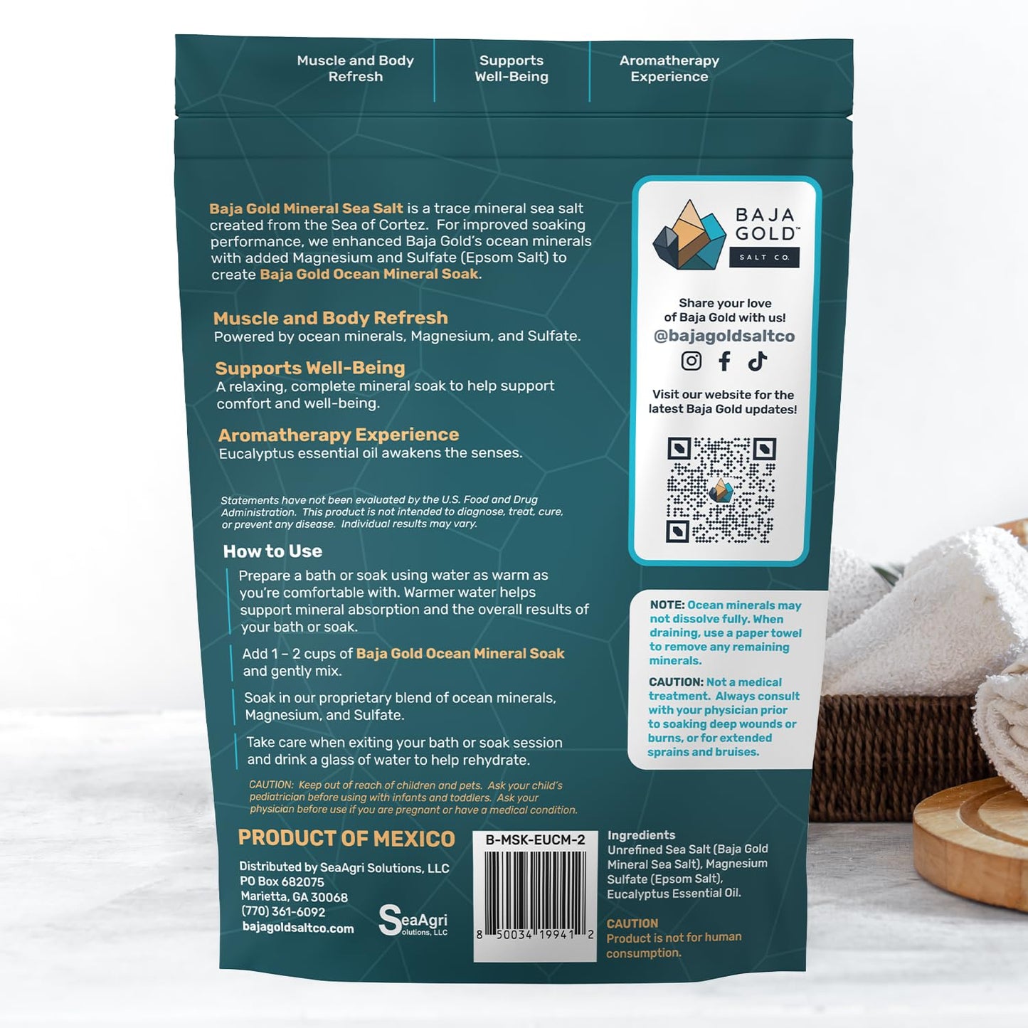 Baja Gold Ocean Mineral Soak – Natural Magnesium Bath Soak & Trace Elements | Relaxing, Clean Ingredient Soak for Bath, Muscles, Relaxation & Skin Care | Pure, Vegan, 2 Lb Resealable Bag, Eucalyptus