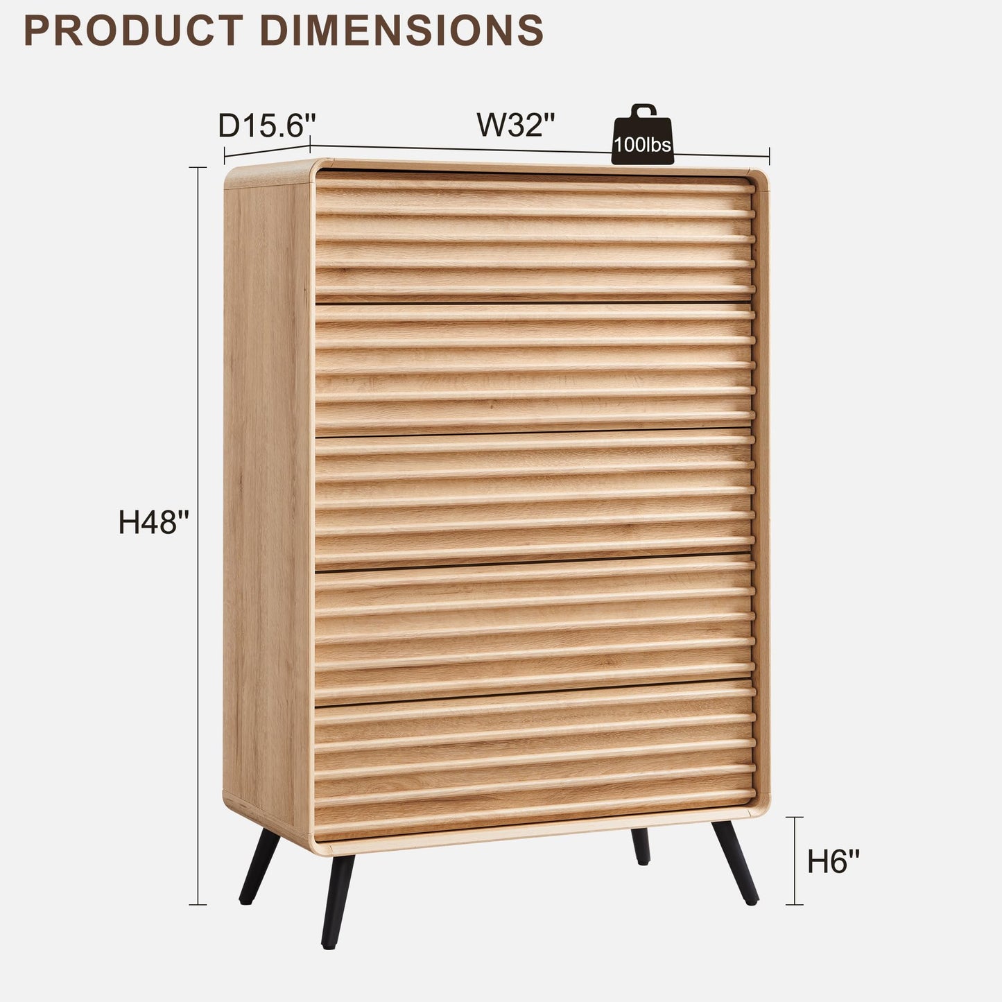 RedLemon 5 Drawers Dresser for Bedroom, 48'' Tall Mid Century Modern Wood Fluted Dresser, Chest of Drawers with Tapered Leg for Bedroom, Living Room, Hallway, Closet,Natural Oak