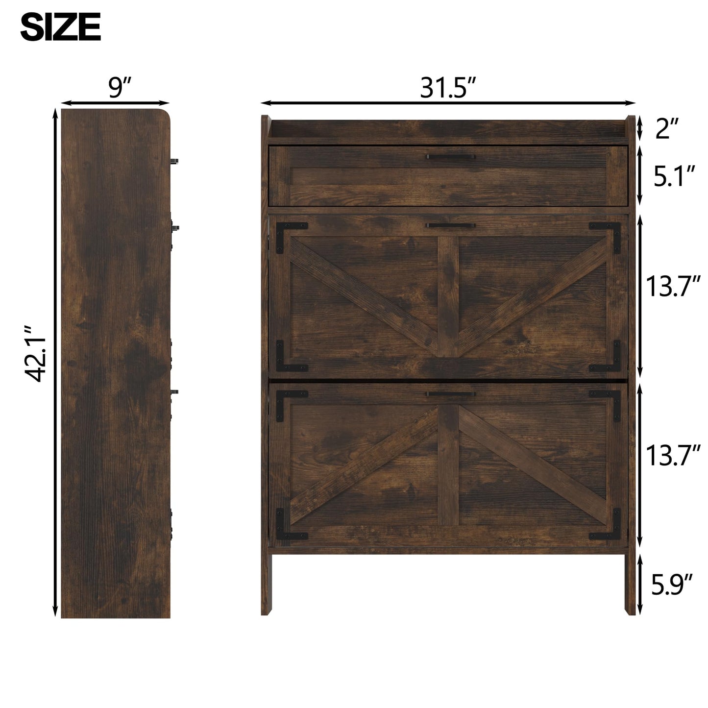 VINYUSE Shoe Cabinet with 2 Flip Drawers, Shoe Storage Cabinet for Entryway, Freestanding Hidden Shoe Cabinet Organizer with Storage Drawers, Narrow Shoe Rack with Legs, Rustic Brown, M